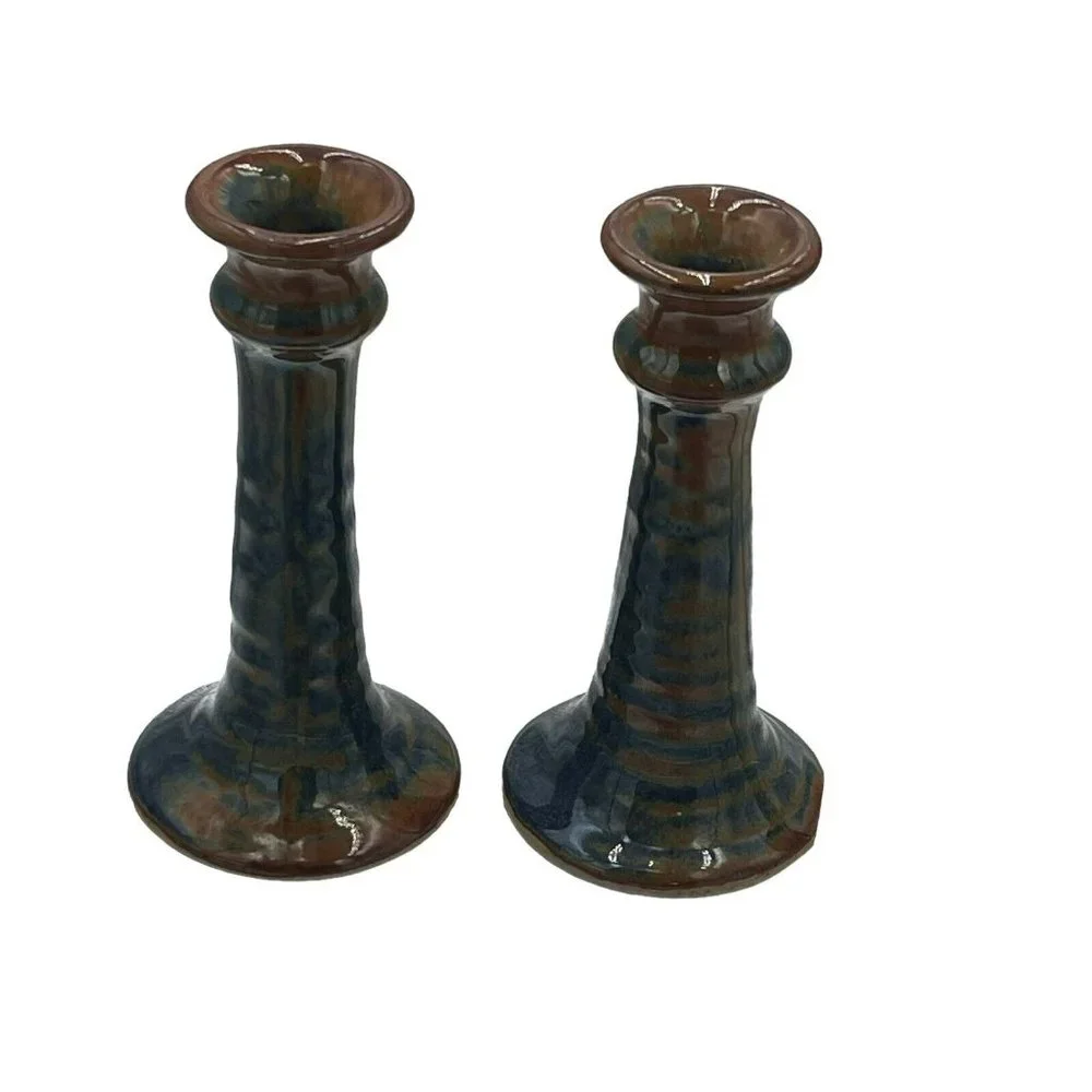 Studio Pottery Pair Of Candlestick Holder Drip Glaze Blue Brown Artist Signed 6”